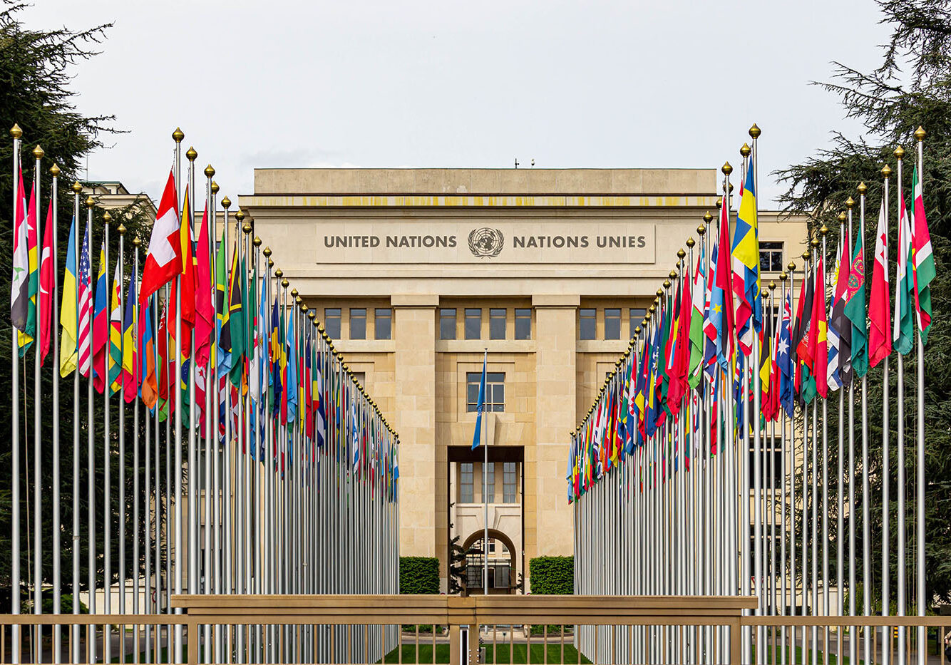 Las banderas de los Estados miembros de la ONU flanquean el camino que conduce a la entrada de su sede en Ginebra, Suiza | Foto: Hugo Magalhães en Pexels